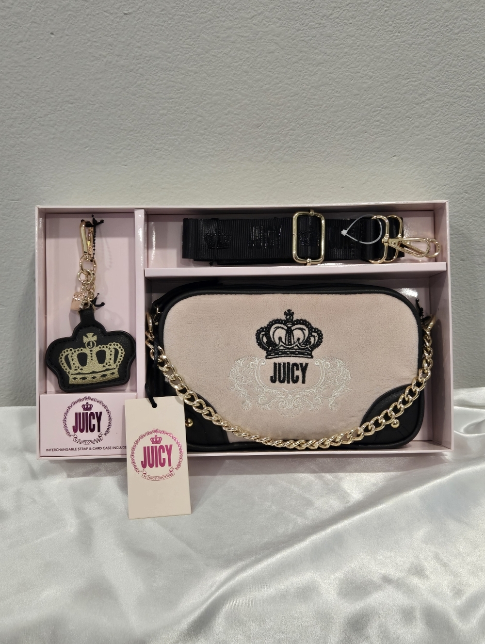 Juicy Couture NIB Pink Velour Crossbody Bag with Keychain/Bag Charm And Strap